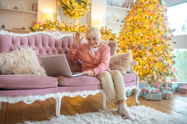 Idősebb nő ül a kanapén, és videóbeszélgetést folytat — Stock Fotó
