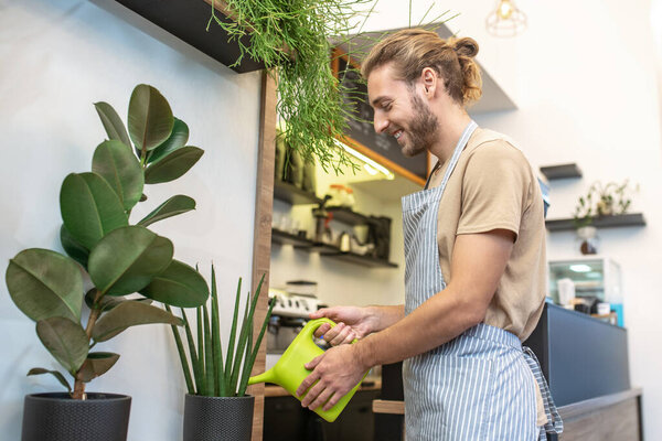 Smiling man in profile watering plants in cafe