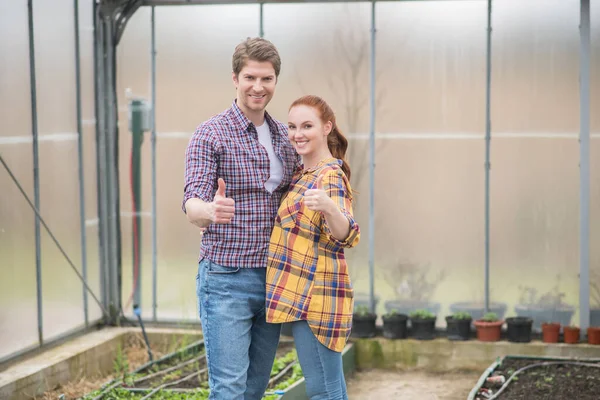 Optimistický mladý muž a žena ukazuje ok gesto — Stock fotografie