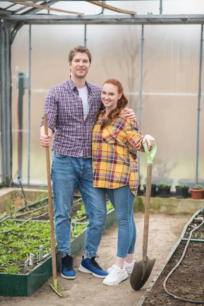 Man en vrouw met tuingereedschap in kas — Stockfoto