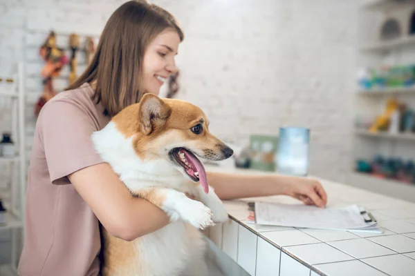 Köpeğiyle evcil hayvan dükkanında vakit geçiren tatlı bir genç kız. — Stok fotoğraf