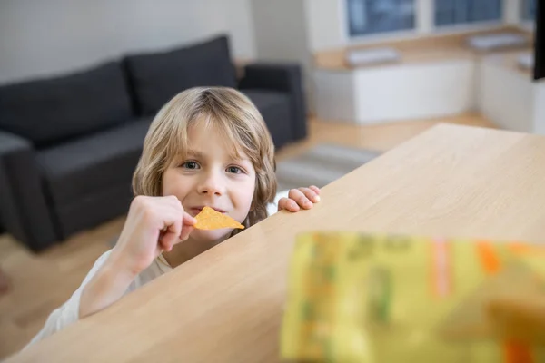 Крупним планом фото милого хлопчика, що їсть картопляні чіпси — стокове фото