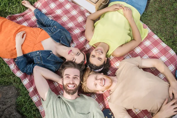 Junge Freunde ruhen sich auf Plaid in der Natur aus — Stockfoto