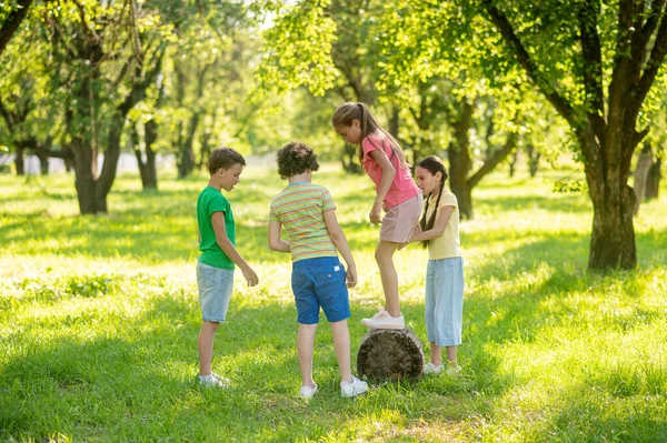 Girl on stump and friends together on lawn — Stock Photo, Image