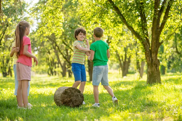 Niños y niñas socializando en el césped verde — Foto de Stock