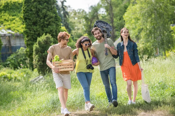 Quattro amici che camminano nel parco per un picnic — Foto Stock