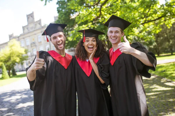 Um grupo de graduados parecendo feliz e animado — Fotografia de Stock
