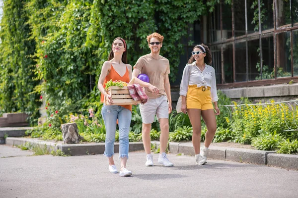 Felices jóvenes amigos yendo de picnic en el parque —  Fotos de Stock