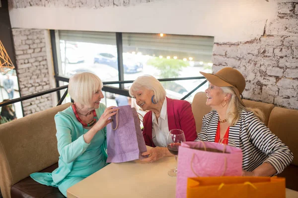 Äldre glada äldre kvinnor mår bra efter shopping — Stockfoto