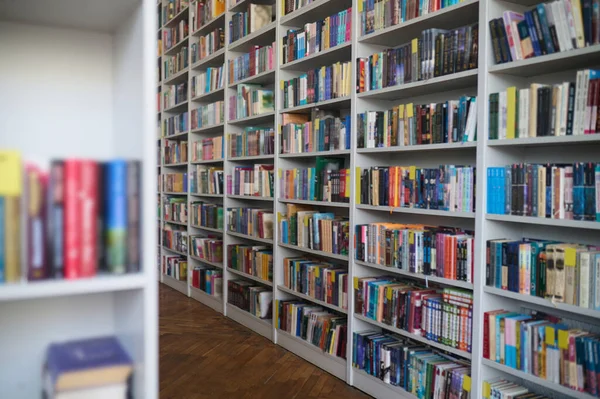 Unidades de estantes embaladas com literatura leve acadêmica e moderna — Fotografia de Stock