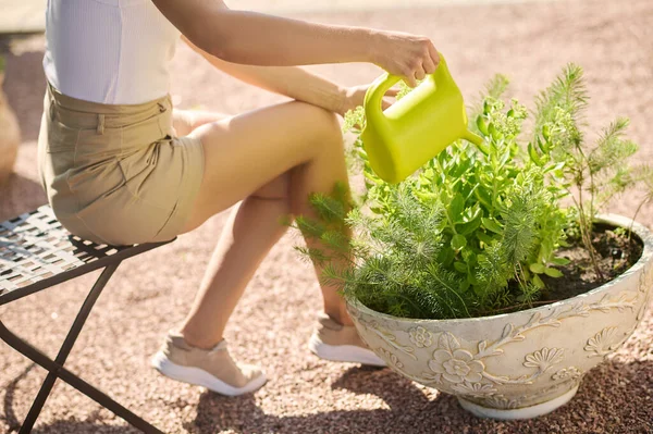 Woman sitting on garden chair watering flowers — Stock Photo, Image