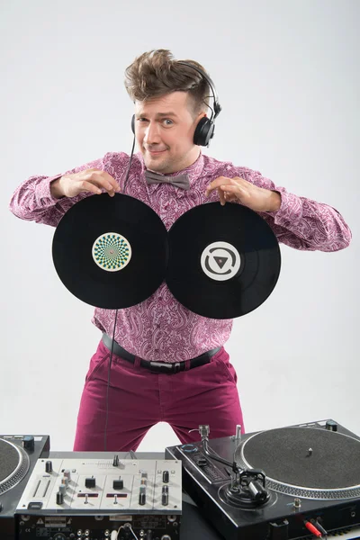 DJ having fun with vinyl record — Stock Photo, Image