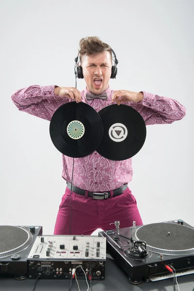 DJ having fun with vinyl record — Stock Photo, Image