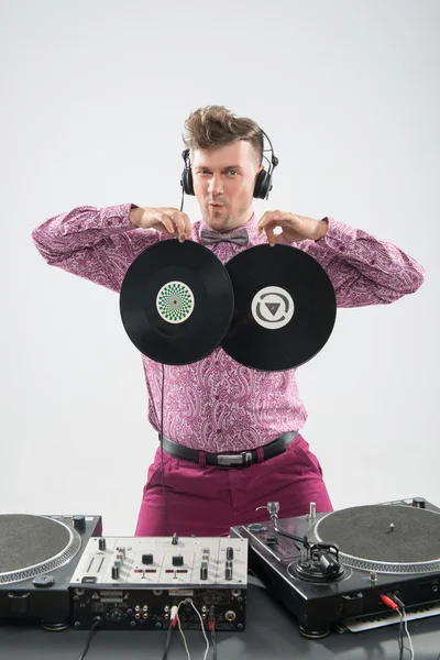 DJ having fun with vinyl record — Stock Photo, Image