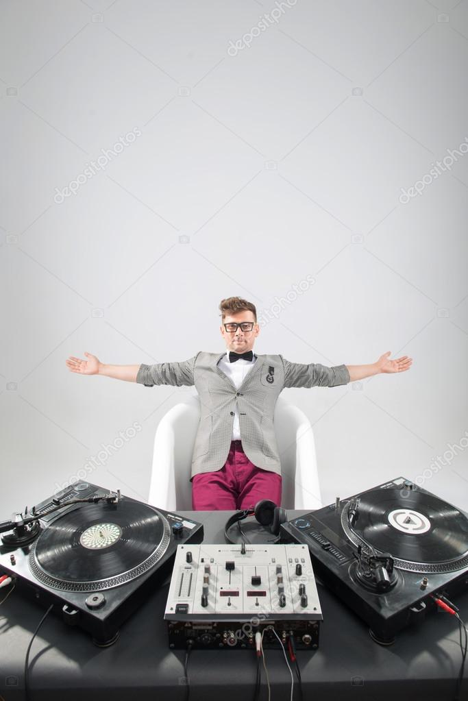 Dj at work in bath isolated on white background