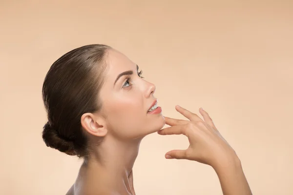 Portrait of girl holding hands near her face with clean and  fre — Stock Photo, Image