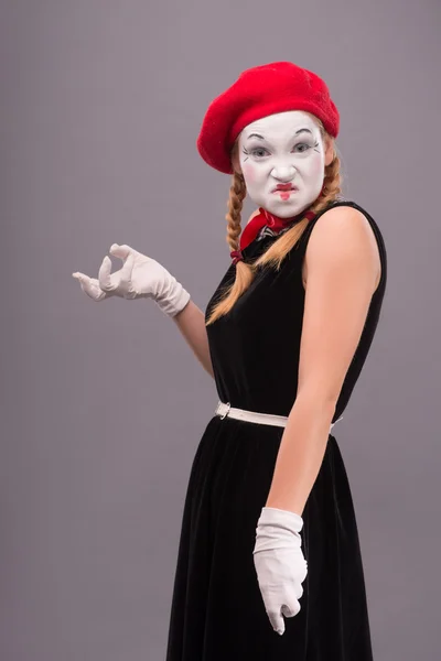 Mime showing with her hands horror — Stock Photo, Image