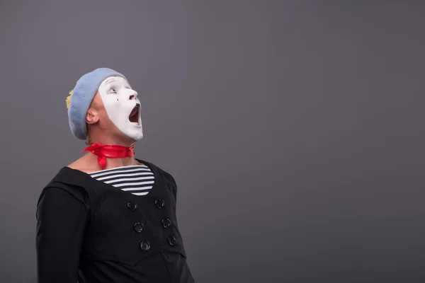 Retrato de joven mimo masculino con la cara blanca, sombrero gris que muestra em —  Fotos de Stock