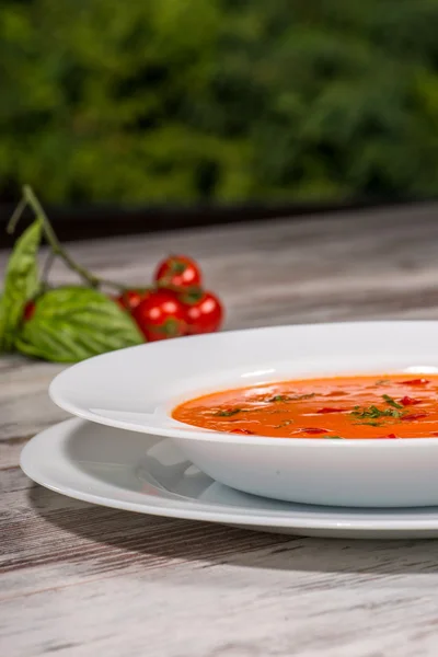 Foto van koude smakelijke tomatensoep — Zdjęcie stockowe