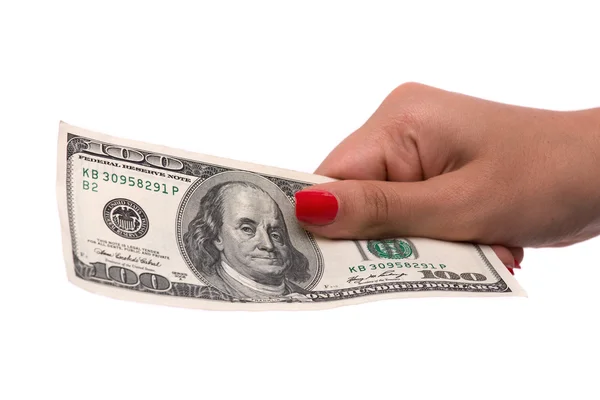 Woman hand holding 100 dollar bill — Stock Photo, Image