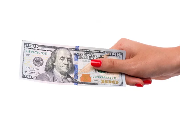 Mulher mão segurando nota de 100 dólares — Fotografia de Stock