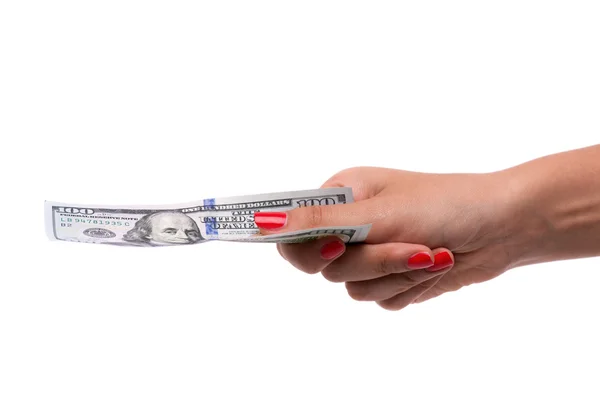 Woman hand holding 100 dollar bill — Stock Photo, Image