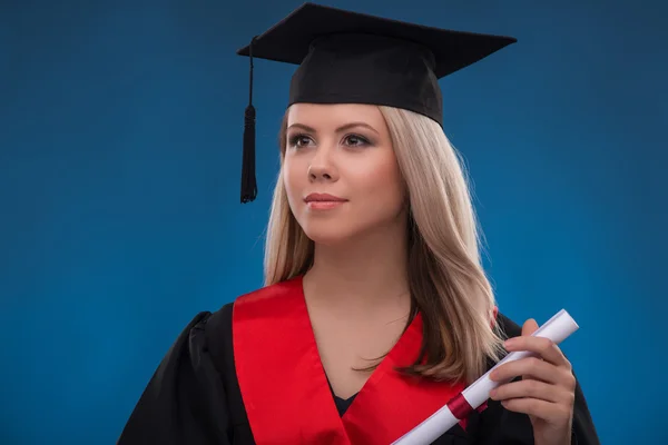 Student girl holding bundle of sheet of paper — Stock Photo, Image