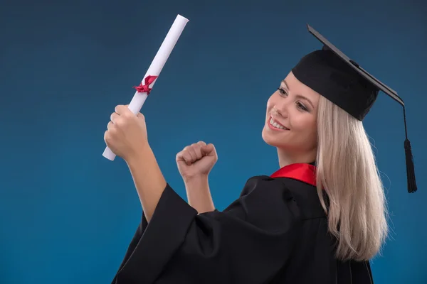 Student girl holding bundle of sheet of paper — Stock Photo, Image