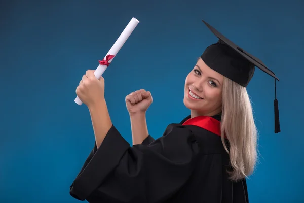 Student girl holding bundle of sheet of paper — Stock Photo, Image