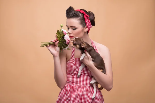 Pretty brunette  girl in retro style Stock Photo