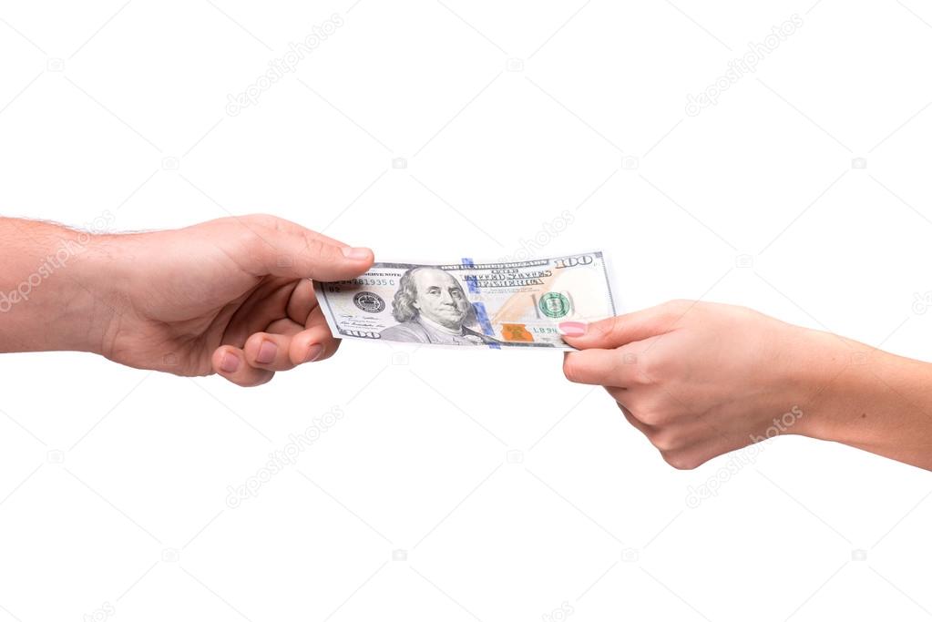 hand giving dollar to other person