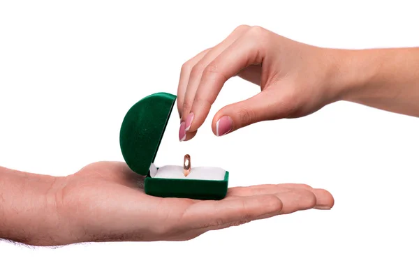 Hand giving box with a wedding ring — Stock Photo, Image