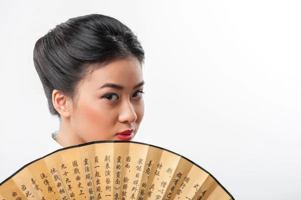 Japán nő hagyományos ventilátorral — Stock Fotó