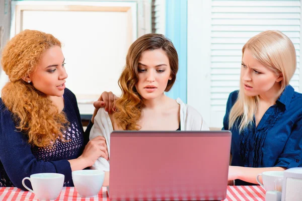 Žena při pohledu na notebook, posezení s přáteli — Stock fotografie