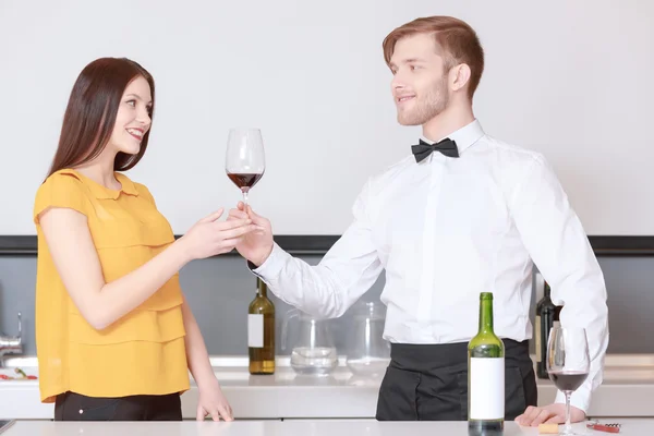 Sommelier pours wine into glass — Stok fotoğraf