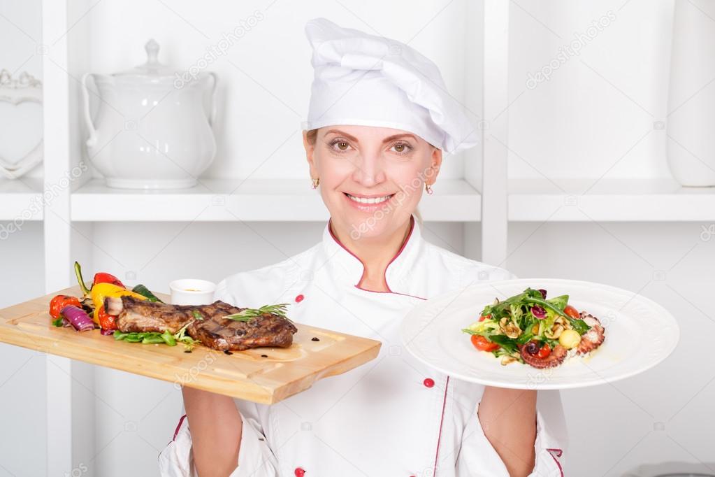 Chef-cook presenting meals