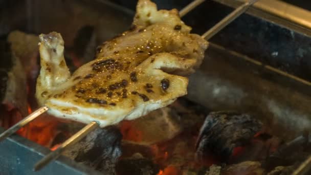 Chicken leg lying on grill — Stock Video