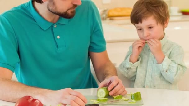 Pappa och son matlagning tillsammans — Stockvideo