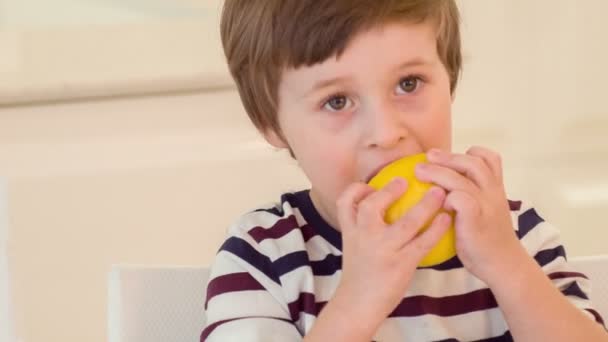 Little boy trying to bite lemon — Stock Video