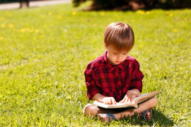 Çimenlerin üzerinde oturan ve kitap okuma ufaklık