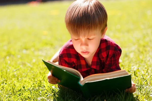 Çocuk çimenlerin üzerinde okuma yakın çekim — Stok fotoğraf