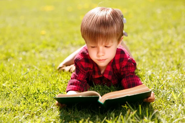 Närbild på läsande pojke på gräs — Stockfoto
