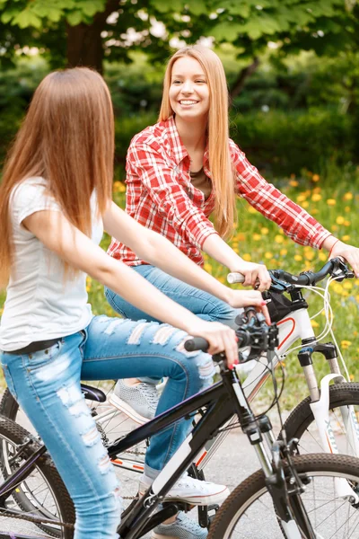 Vackra flickor poserar med cyklar i parken — Stockfoto