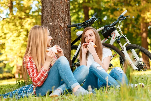 Две девушки на пикнике с велосипедами — стоковое фото