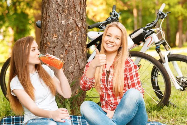 バイクといっしょにピクニックに二人の女の子 — ストック写真