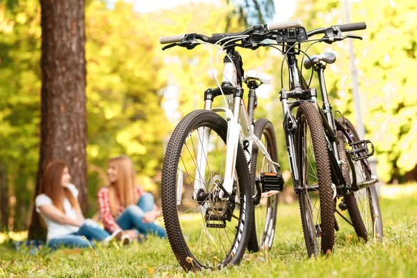Two girls on a picnic with bikes — Stock Photo, Image