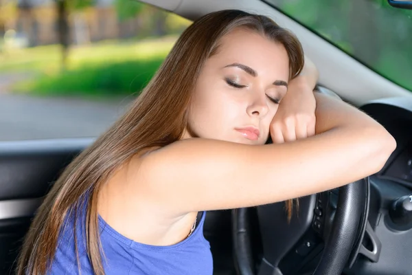 Pleasant lady sleeping in car — Stock Photo, Image