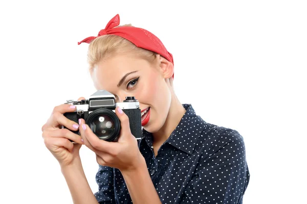 Pin up menina com uma câmera — Fotografia de Stock