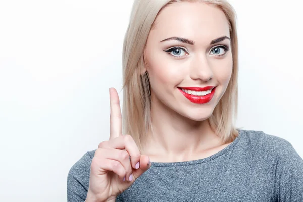 Primo piano della donna che punta con indice — Foto Stock