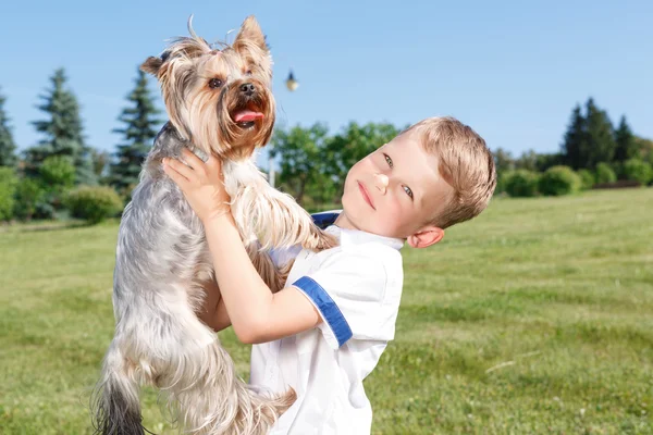 Pleasant little boy holding dog — Zdjęcie stockowe